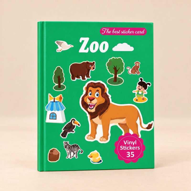 MiniScene Zoo reusable sticker book on a warm beige studio background.