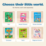 Six MiniScene reusable sticker book themes shown individually.