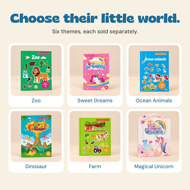 Six MiniScene reusable sticker book themes shown individually.