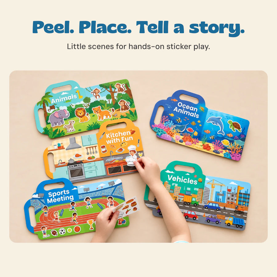 Peel. Place. Tell a story. Little scenes for hands-on sticker play.