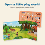 Open a little play world. Fold out the scene and add the stickers.