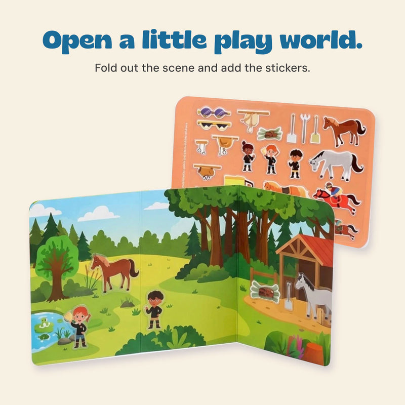 Open a little play world. Fold out the scene and add the stickers.
