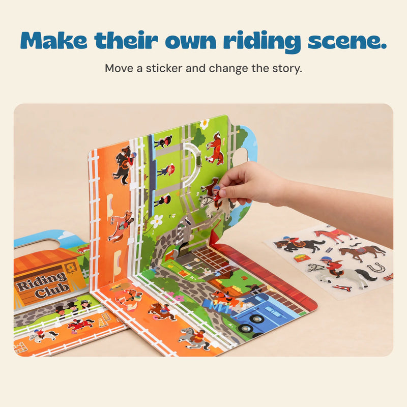 Make their own riding scene. Move a sticker and change the story.