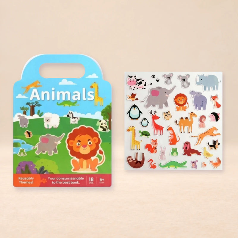 TibaToes™ PuffyScene Reusable Sticker Book shown in a warm beige studio with realistic depth.