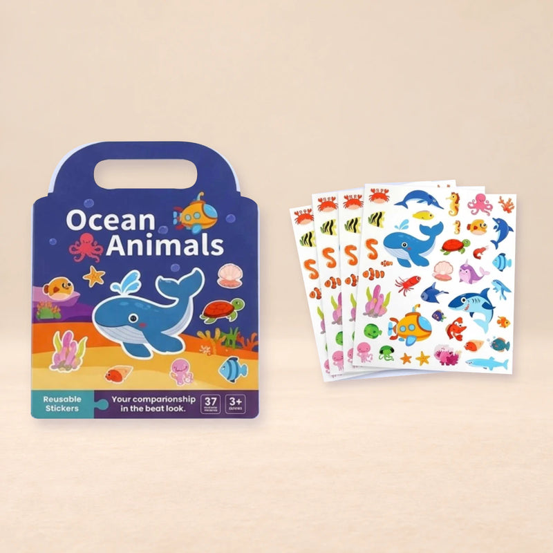 TibaToes™ PuffyScene Reusable Sticker Book shown in a warm beige studio with realistic depth.