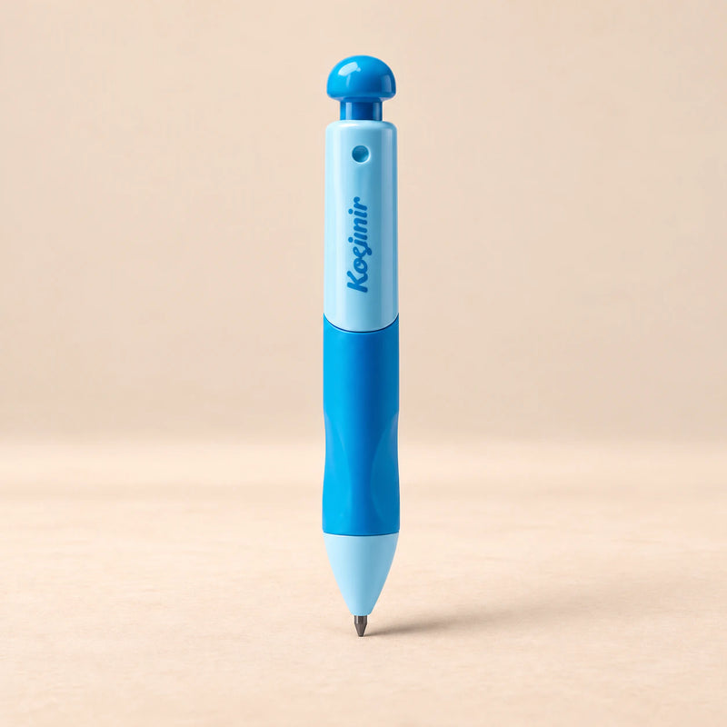 EasyHold Guided Writing Pencil. Sky Blue. Clean product photograph on a warm beige studio surface.