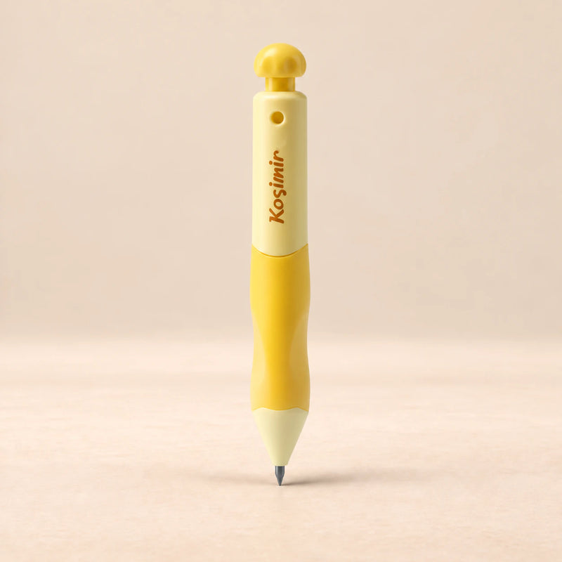 EasyHold Guided Writing Pencil. Sunny Yellow. Clean product photograph on a warm beige studio surface.
