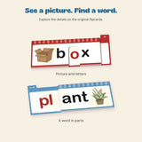 Close views of the original box and plant word flipcards.