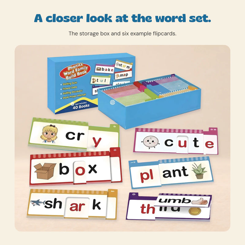 Original blue word-card box with six sample flipcards.