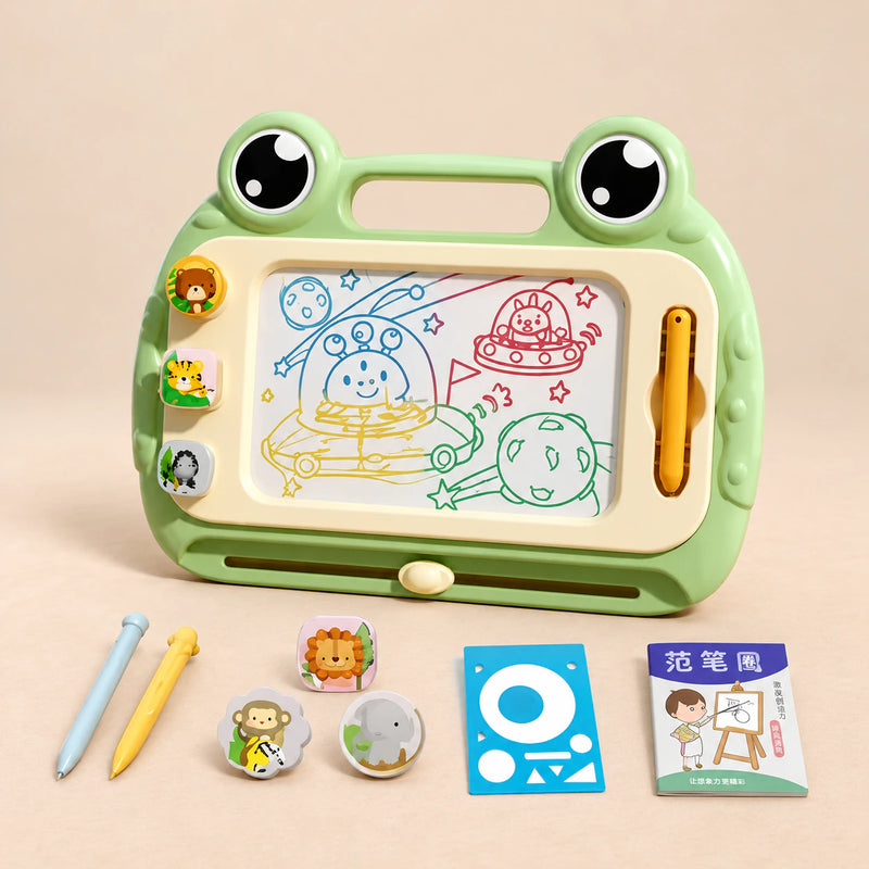 DoodleFrog Magnetic Drawing Board. Clean product photograph on a warm beige studio surface.