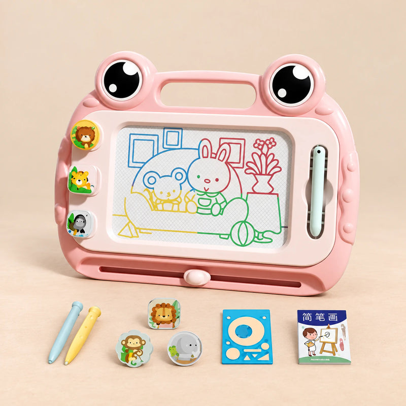 DoodleFrog Magnetic Drawing Board. Blush Pink Board. Clean product photograph on a warm beige studio surface.