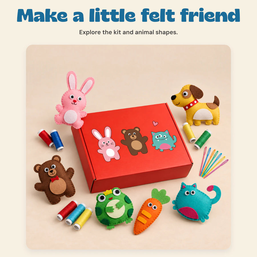 Woodland Stitch & Sew Craft Kit. Make a little felt friend. Explore the kit and animal shapes.