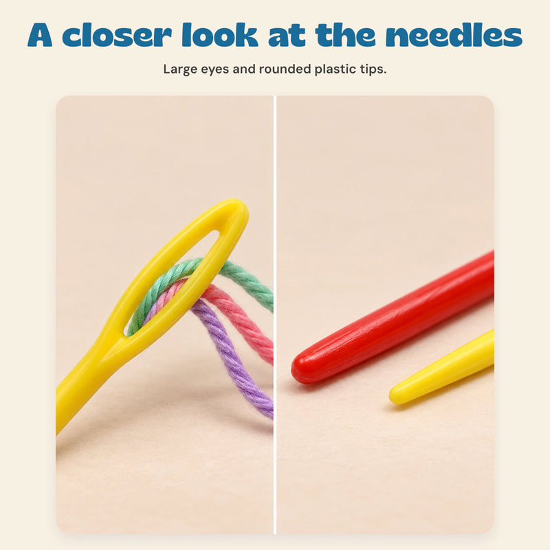 Woodland Stitch & Sew Craft Kit. A closer look at the needles. Large eyes and rounded plastic tips.