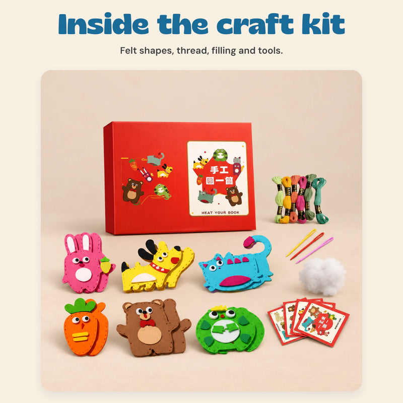 Woodland Stitch & Sew Craft Kit. Inside the craft kit. Felt shapes, thread, filling and tools.