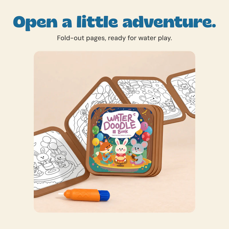 Circus Friends water doodle book opened to its fold-out drawing pages.