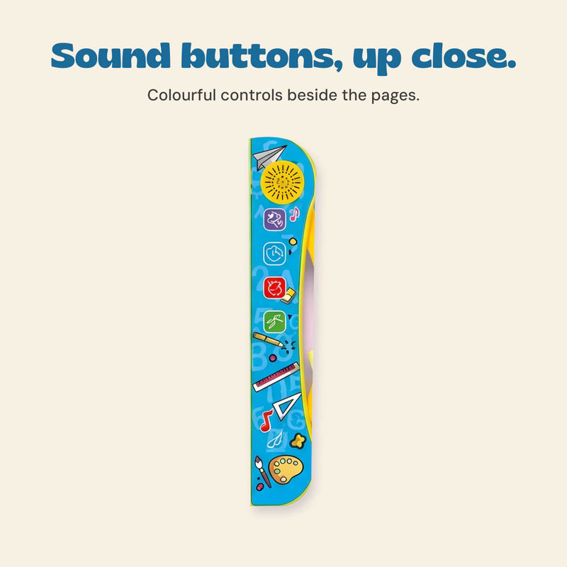 Sound buttons, up close. Colourful controls beside the pages.