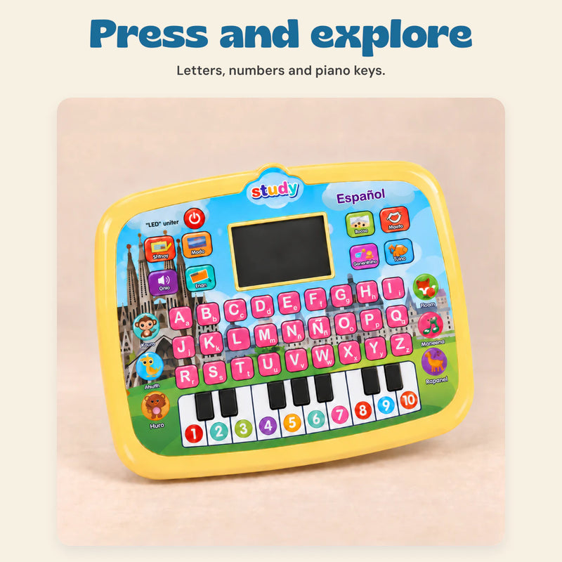 Spanish SmartStart Learning Tablet. Press and explore. Letters, numbers and piano keys.