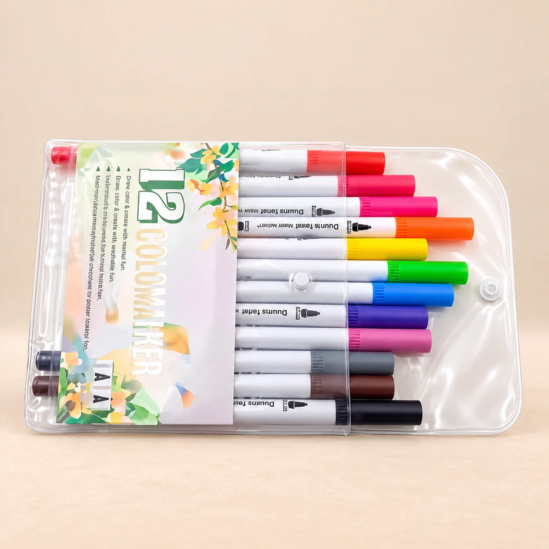 RainbowBrush Dual-Tip Marker Set. 12-Color Creative Brush Set. Clean product photograph on a warm beige studio surface.