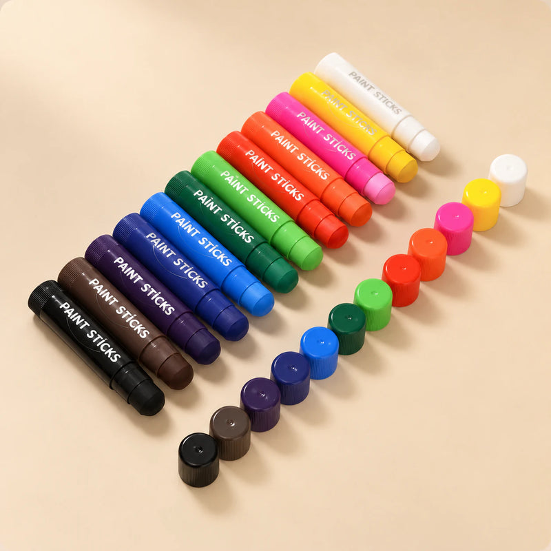 TibaToes™ RainbowGlide Washable Paint Sticks shown in a warm beige studio with realistic depth.