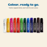 Colour, ready to go. Twelve capped sticks, each with its own colour.
