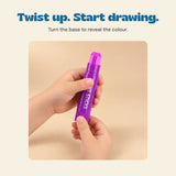 Twist up. Start drawing. Turn the base to reveal the colour.
