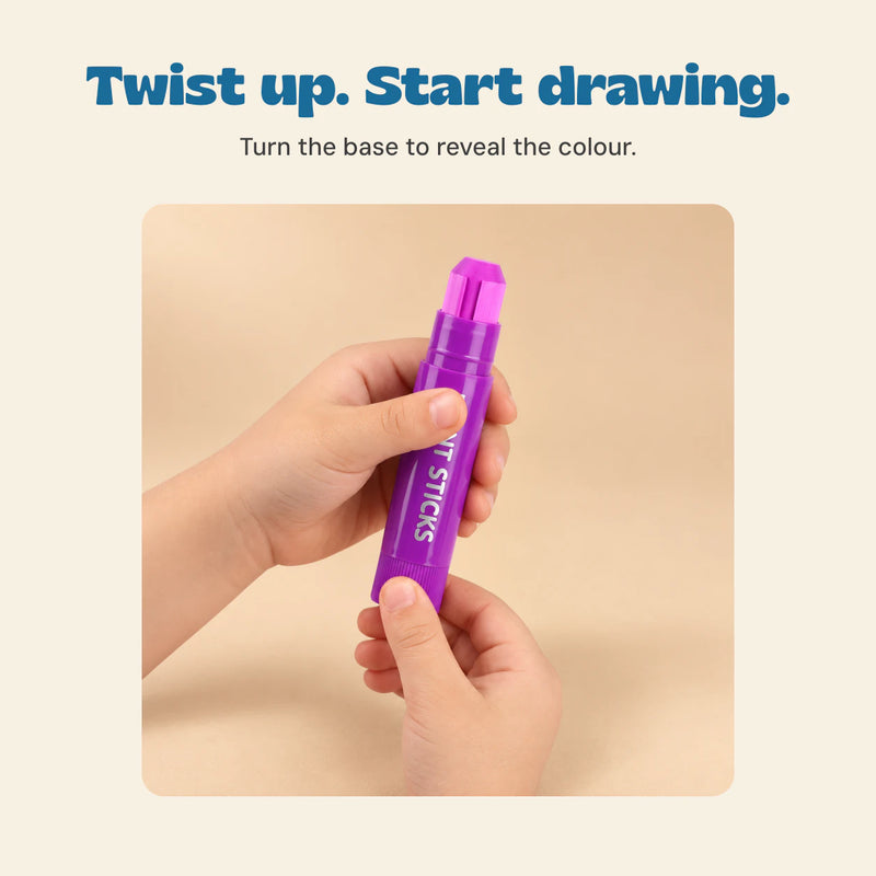 Twist up. Start drawing. Turn the base to reveal the colour.