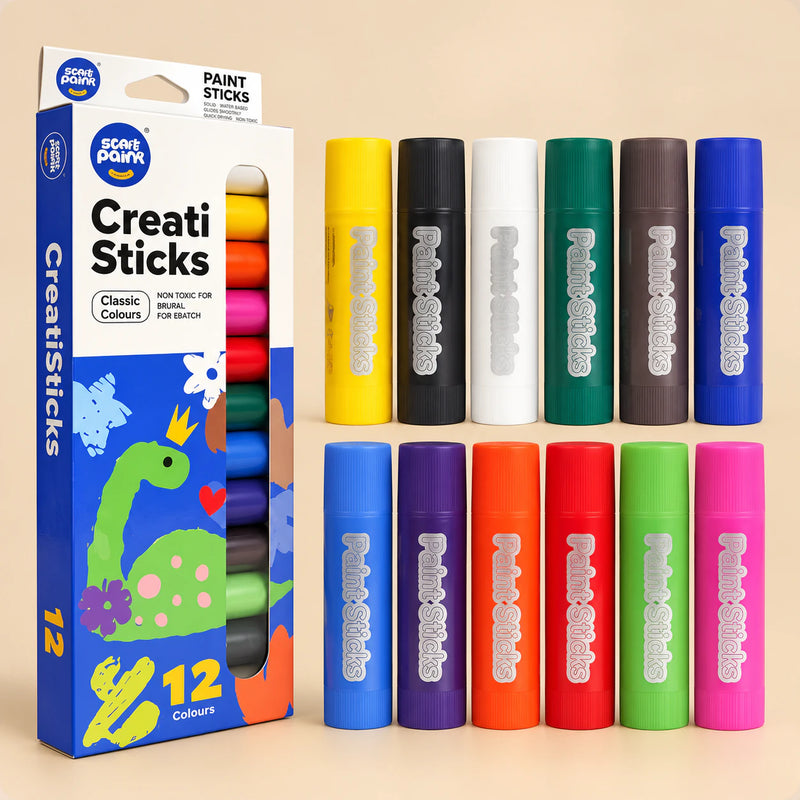 TibaToes™ RainbowGlide Washable Paint Sticks shown in a warm beige studio with realistic depth.