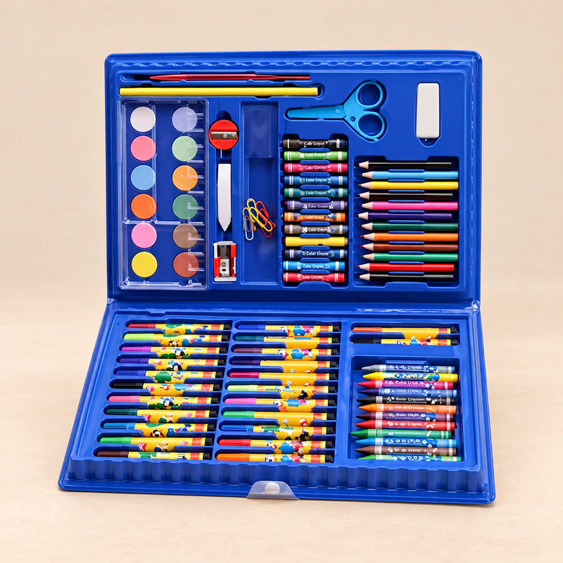 MegaArtist 86-Piece Creative Art Set. Clean product photograph on a warm beige studio surface.