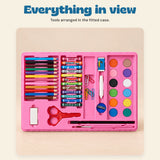 MegaArtist 86-Piece Creative Art Set. Everything in view. Tools arranged in the fitted case.