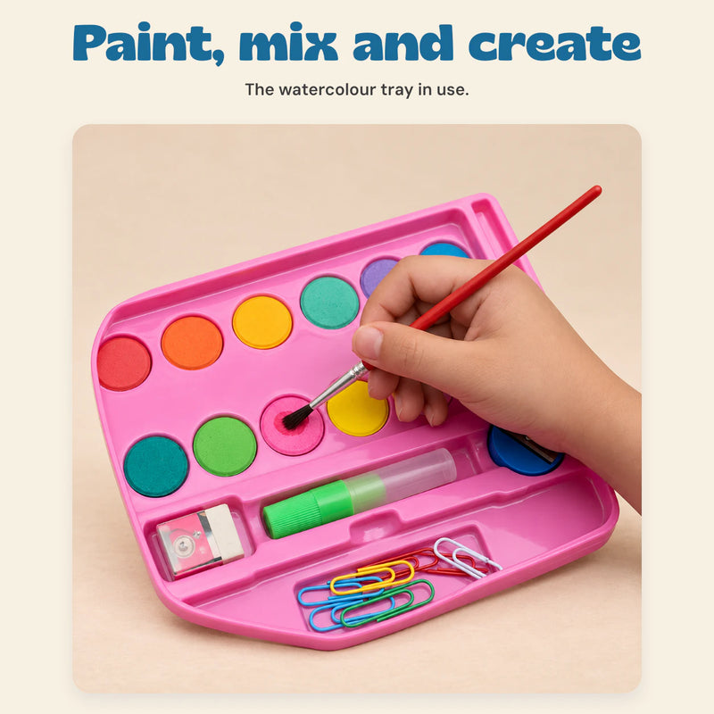 MegaArtist 86-Piece Creative Art Set. Paint, mix and create. The watercolour tray in use.
