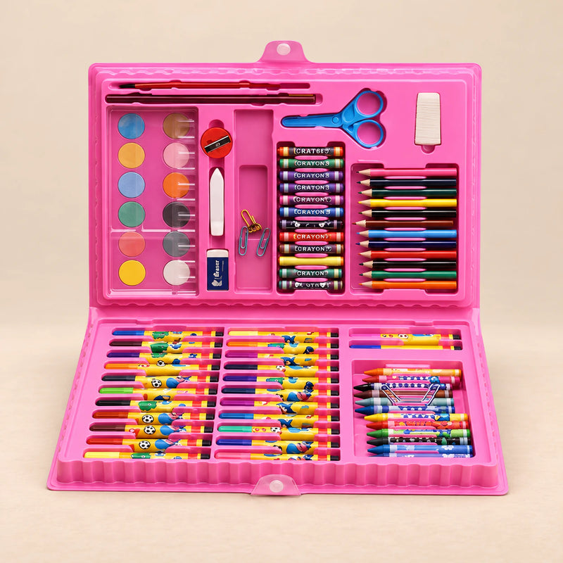 MegaArtist 86-Piece Creative Art Set. Pink Artist Case. Clean product photograph on a warm beige studio surface.