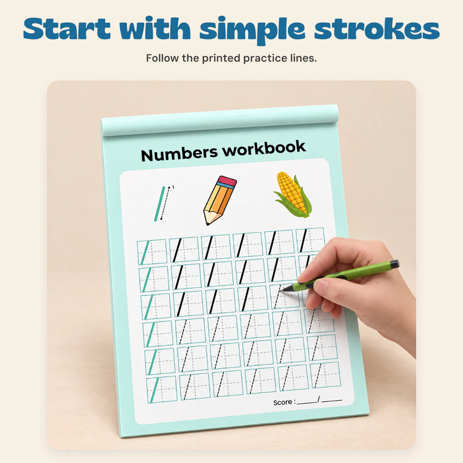 NumberQuest Tracing Workbook. Start with simple strokes. Follow the printed practice lines.