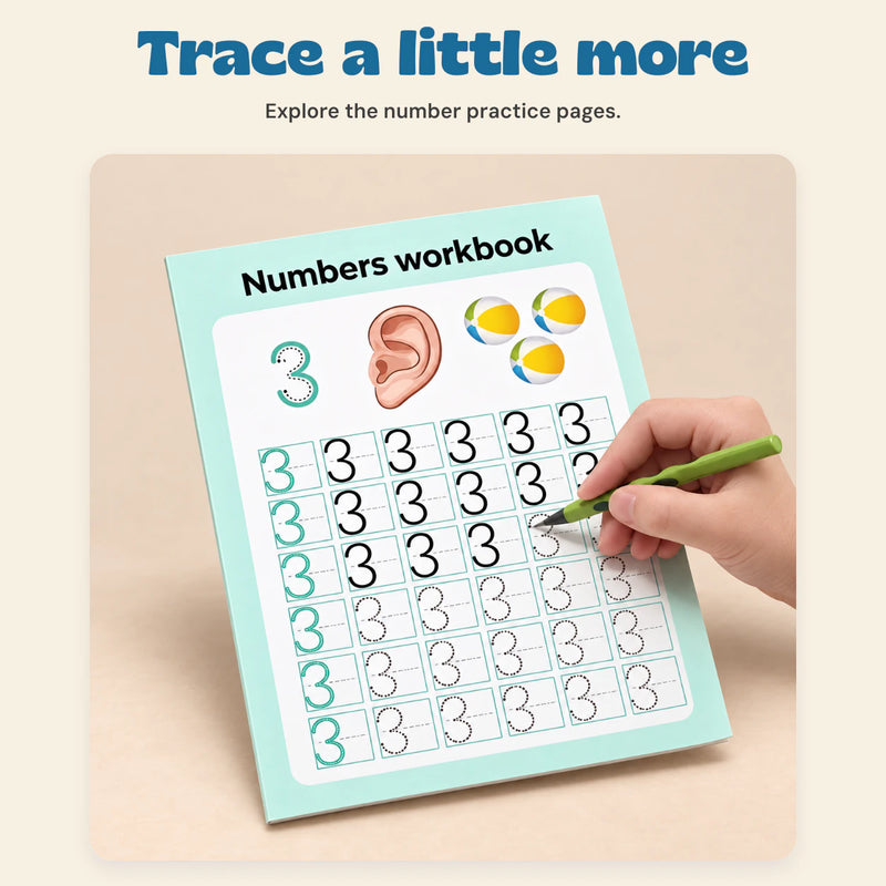 NumberQuest Tracing Workbook. Trace a little more. Explore the number practice pages.
