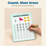NumberQuest Tracing Workbook. Count, then trace. Match the number to the pictured objects.