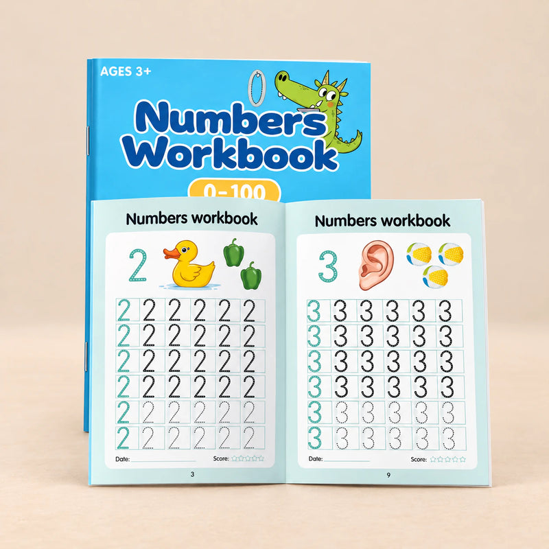 NumberQuest Tracing Workbook. Numbers 0–100 Practice Book. Clean product photograph on a warm beige studio surface.