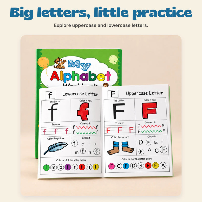 AlphabetQuest Tracing Workbook. Big letters, little practice. Explore uppercase and lowercase letters.