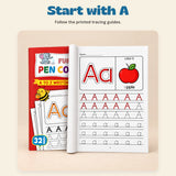 AlphabetQuest Tracing Workbook. Start with A. Follow the printed tracing guides.