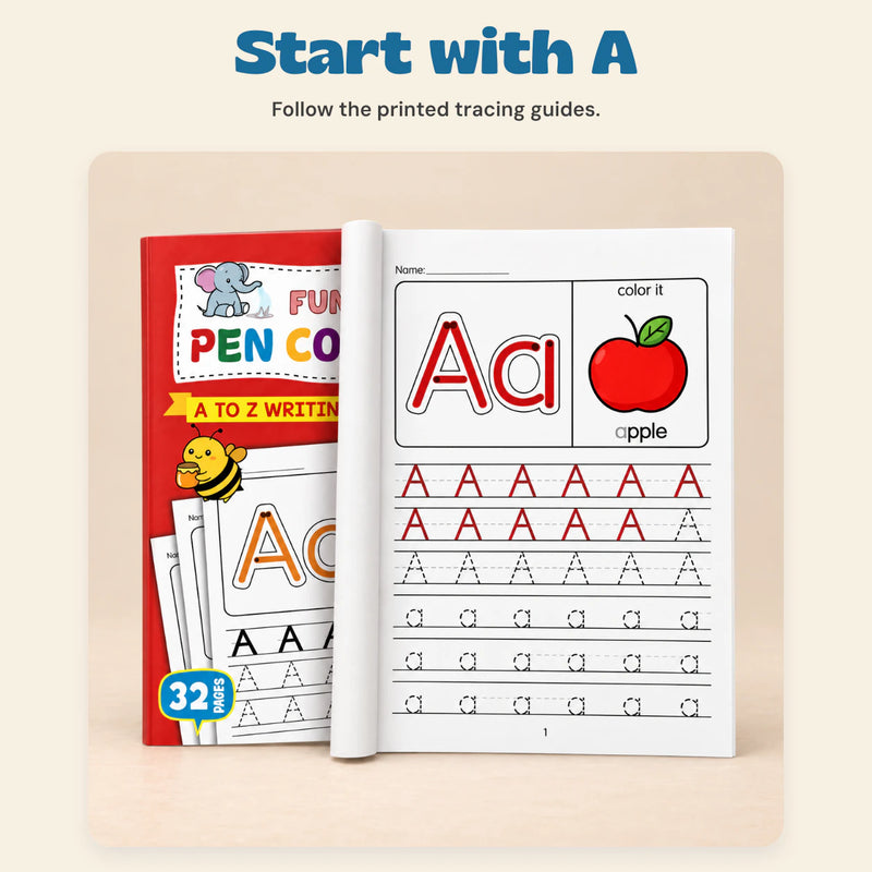 AlphabetQuest Tracing Workbook. Start with A. Follow the printed tracing guides.