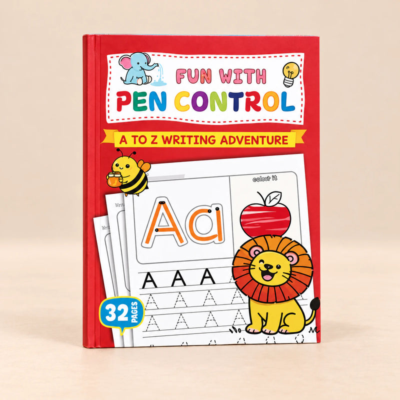 AlphabetQuest Tracing Workbook. 32-Page Alphabet Practice Book. Clean product photograph on a warm beige studio surface.