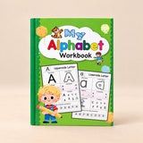 AlphabetQuest Tracing Workbook. 48-Page Alphabet Practice Book. Clean product photograph on a warm beige studio surface.