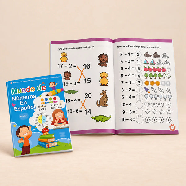 Spanish NumberWorld Math Workbook. Spanish Number World. Clean product photograph on a warm beige studio surface.
