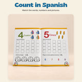 Spanish NumberWorld Math Workbook. Count in Spanish. Match the words, numbers and pictures.
