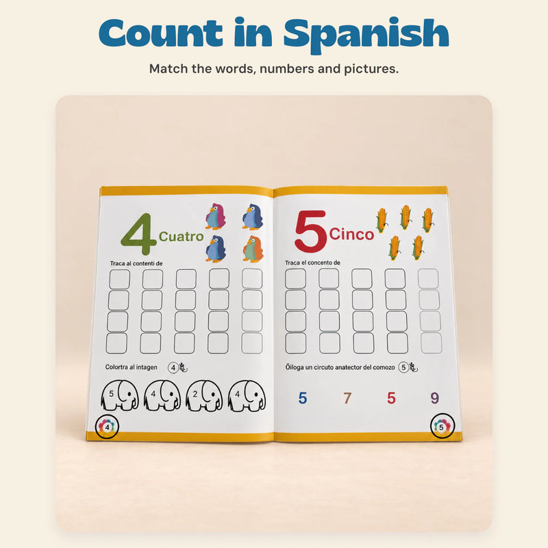 Spanish NumberWorld Math Workbook. Count in Spanish. Match the words, numbers and pictures.