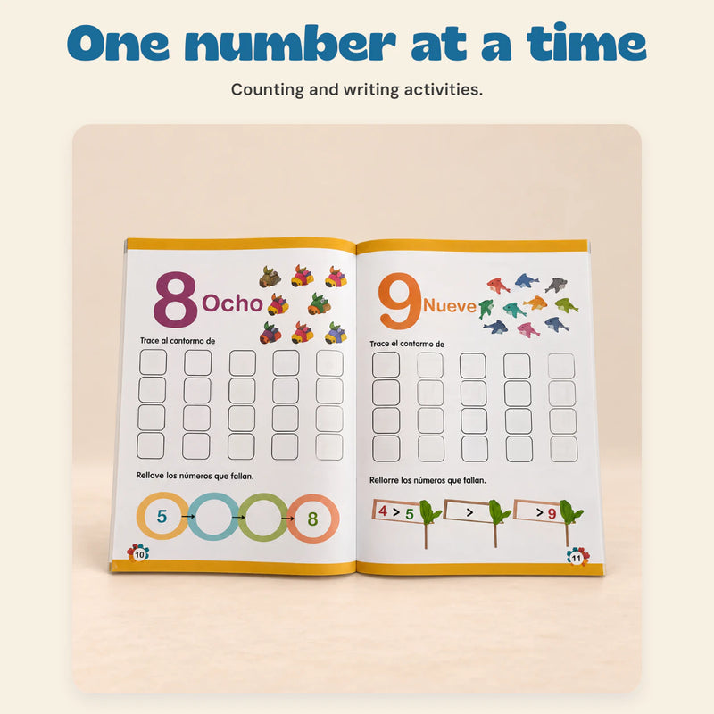 Spanish NumberWorld Math Workbook. One number at a time. Counting and writing activities.