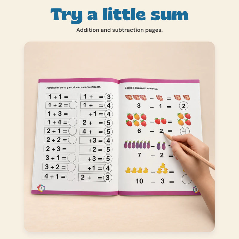 Spanish NumberWorld Math Workbook. Try a little sum. Addition and subtraction pages.