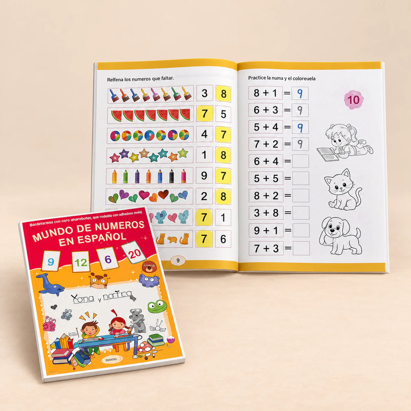 Spanish NumberWorld Math Workbook. Spanish Math Practice Book. Clean product photograph on a warm beige studio surface.