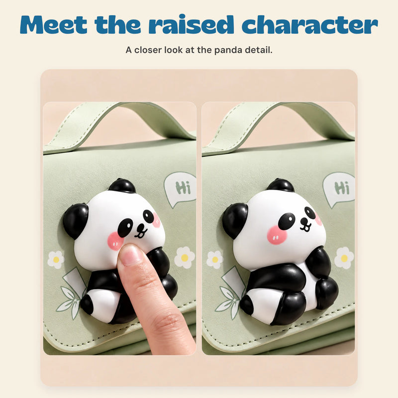 BuddyPack Large Pencil Case. Meet the raised character. A closer look at the panda detail.