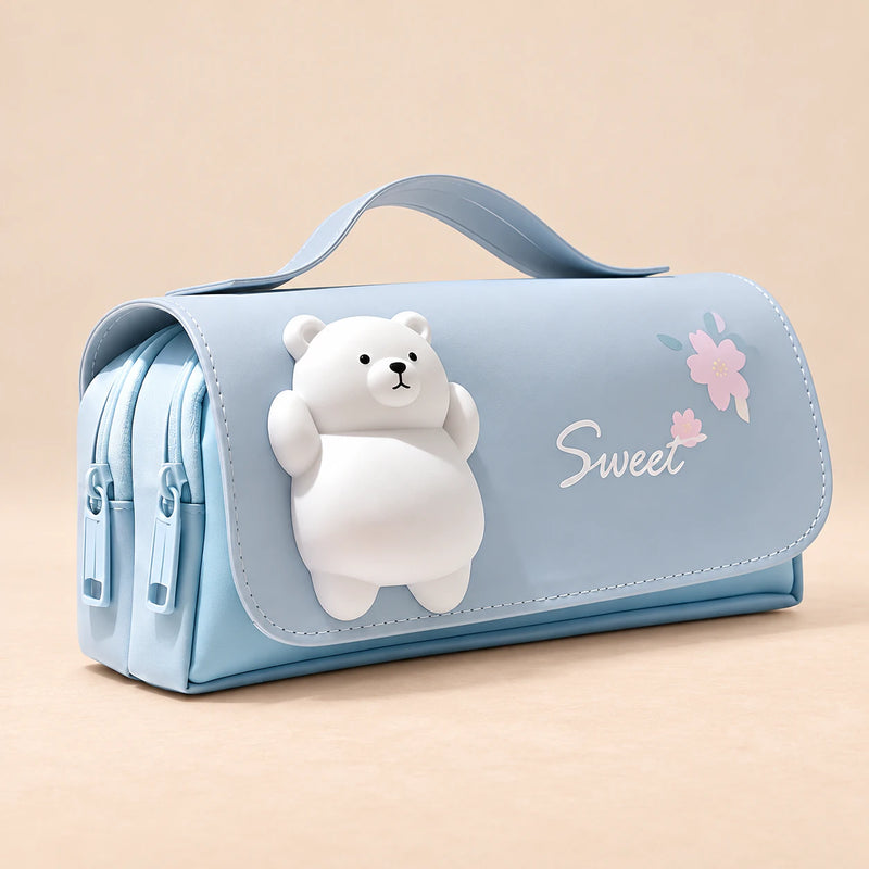 BuddyPack Large Pencil Case. Blue Cat Buddy. Clean product photograph on a warm beige studio surface.