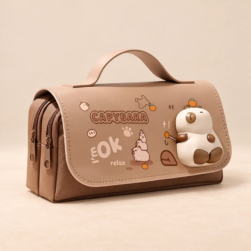 BuddyPack Large Pencil Case. Brown Capybara Buddy. Clean product photograph on a warm beige studio surface.