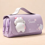 BuddyPack Large Pencil Case. Purple Cat Buddy. Clean product photograph on a warm beige studio surface.